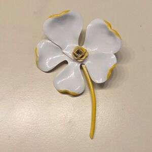 Vintage Original By ROBERT Signed White Enamel Flower Brooch Yellow Petals Pin